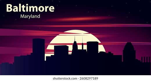 black silhouette of the city of Baltimore, Maryland against the backdrop of the Big Yellow Moon and the starry sky with red clouds. City panorama in neon style.