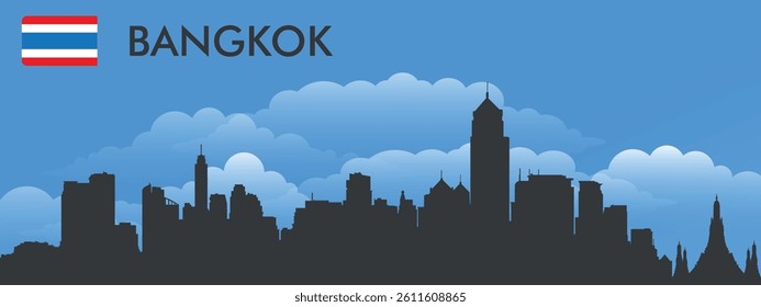 Black silhouette of the city of Bangkok, Thailand on the background of blue sky and big blue clouds. Vector flag of the country and text with the name of the city