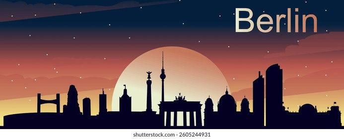 black silhouette of the city of Berlin Against the backdrop of the sunset and starry sky