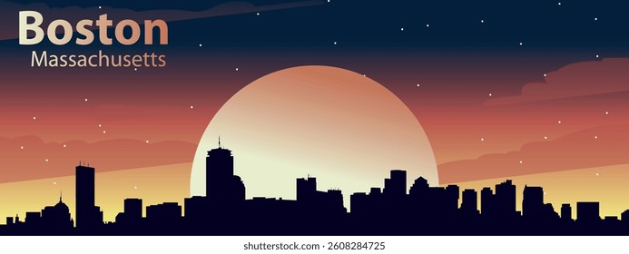 black silhouette of the city of Boston, Massachusetts against the background of the Big Yellow Moon and the night starry sky

