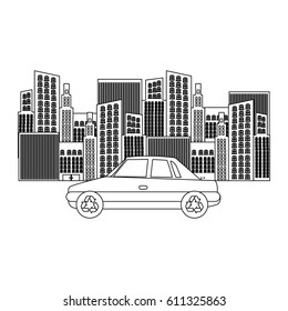 black silhouette of city buildings and car vector illustration