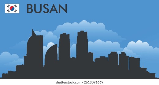 Black silhouette of the city of Busan, Korea on the background of blue sky and big blue clouds. Vector flag of the country and text with the name of the city