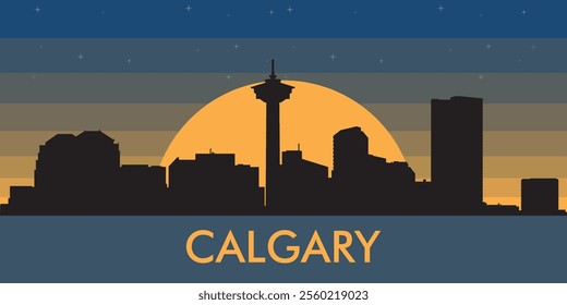 Black silhouette of the city of Calgary against the background of the night starry sky and a large yellow moon