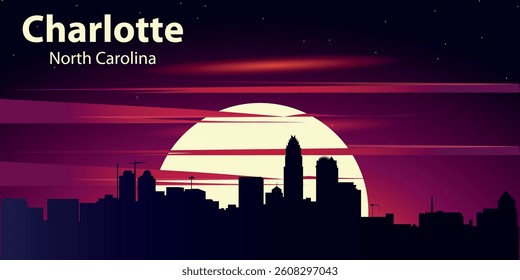 black silhouette of the city of Charlotte, North Carolina against the backdrop of the Big Yellow Moon and the starry sky with red clouds. City panorama in neon style.