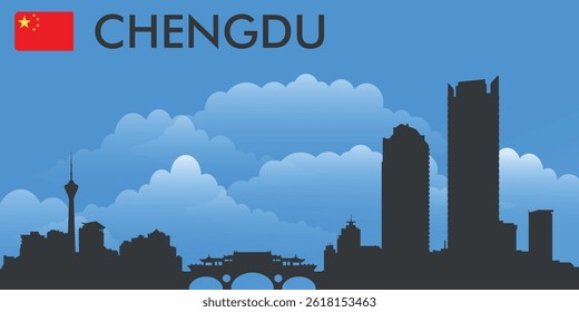 Black silhouette of the city of Chengdu, China on the background of blue sky and big blue clouds. Vector flag of the country and text with the name of the city