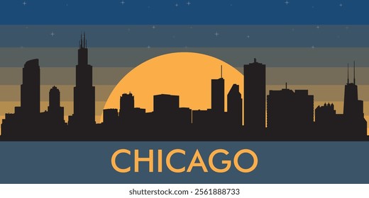  Black silhouette of the city of Chicago against the background of the night starry sky and a large yellow moon