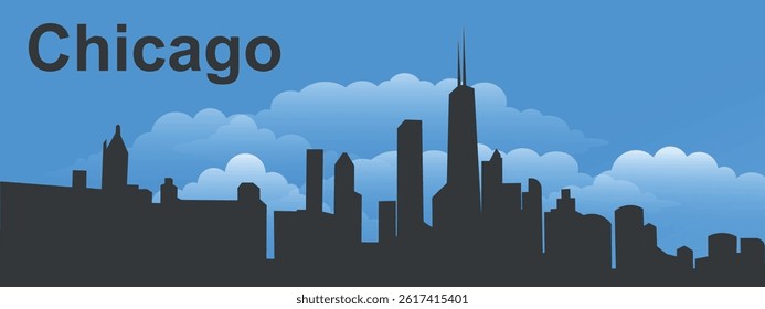 Black silhouette of the city of Chicago against a blue sky with clouds

