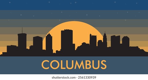 Black silhouette of the city of Columbus against the background of the night starry sky and a large yellow moon