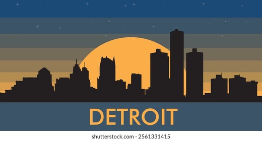 Black silhouette of the city of Detroit against the background of the night starry sky and a large yellow moon