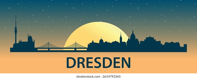 Black silhouette of the city of Dresden against the background of the Big Yellow Moon and starry sky

