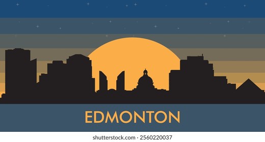 Black silhouette of the city of Edmonton against the background of the night starry sky and a large yellow moon