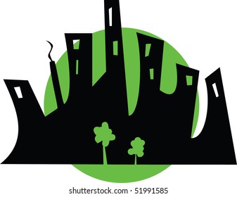 Black silhouette of a city and green trees