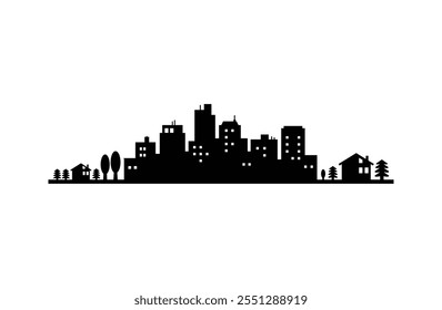 Black silhouette of city, group of houses, vector icon