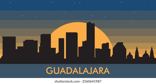 Black silhouette of the city of Guadalajara against the background of the night starry sky and a large yellow moon