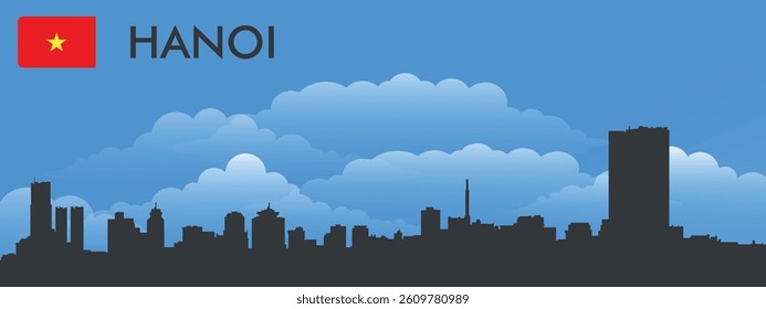 Black silhouette of the city of Hanoi, Vietnam on the background of blue sky and big blue clouds. Vector flag of the country and text with the name of the city