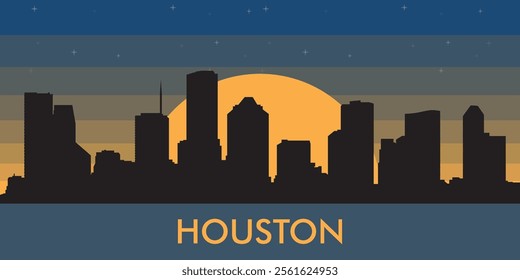 Black silhouette of the city of Houston against the background of the night starry sky and a large yellow moon