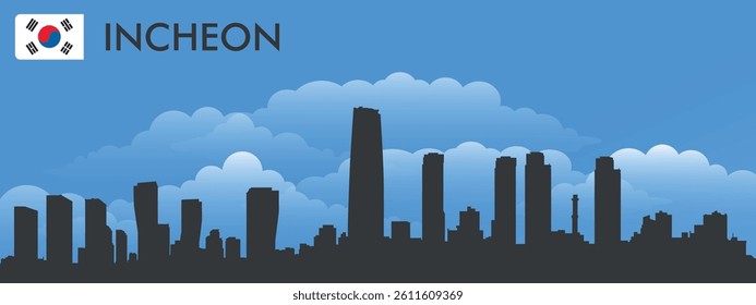 Black silhouette of the city of Incheon Korea, on the background of blue sky and big blue clouds. Vector flag of the country and text with the name of the city

