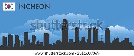 Black silhouette of the city of Incheon Korea, on the background of blue sky and big blue clouds. Vector flag of the country and text with the name of the city


