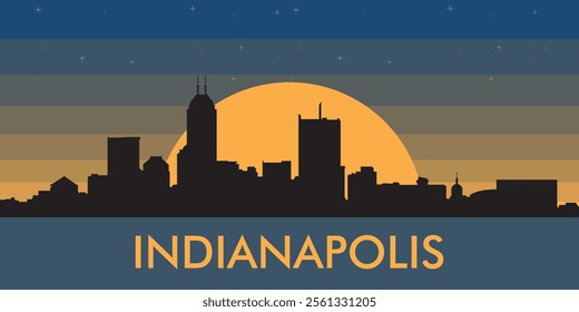 Black silhouette of the city of Indianapolis against the background of the night starry sky and a large yellow moon