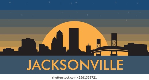 Black silhouette of the city of Jacksonville against the background of the night starry sky and a large yellow moon