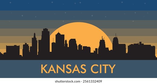 Black silhouette of the city of Kansas against the background of the night starry sky and a large yellow moon