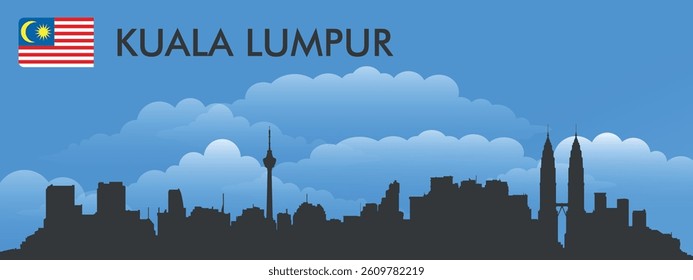 Black silhouette of the city of Kuala Lumpur, Malaysia on the background of blue sky and big blue clouds. Vector flag of the country and text with the name of the city
