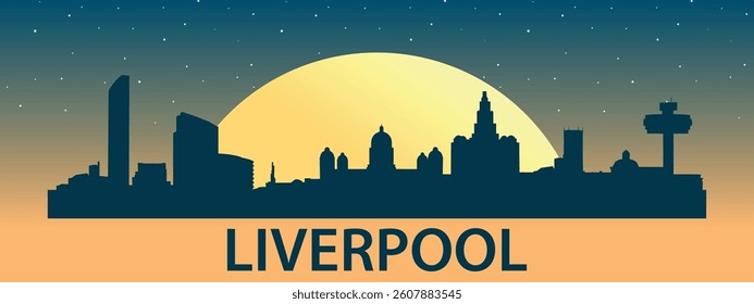 Black silhouette of the city of Liverpool against the background of the Big Yellow Moon and starry sky
