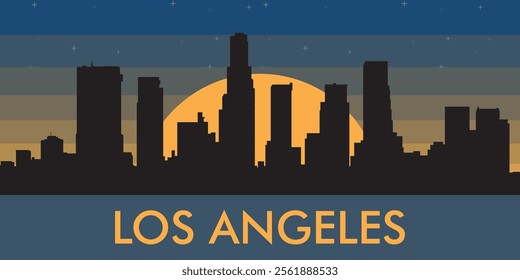 Black silhouette of the city of Los Angels against the background of the night starry sky and a large yellow moon