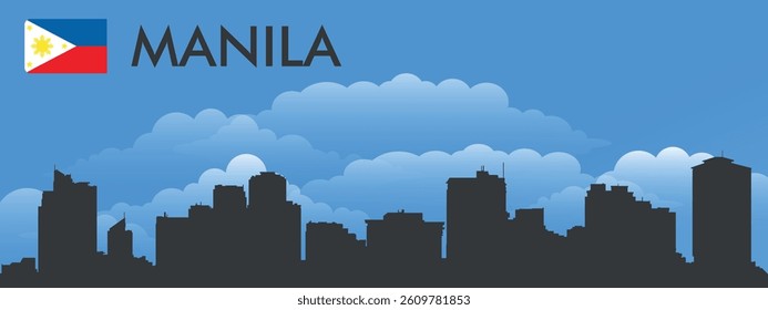 Black silhouette of the city of Manila, Philippines on the background of blue sky and big blue clouds. Vector flag of the country and text with the name of the city