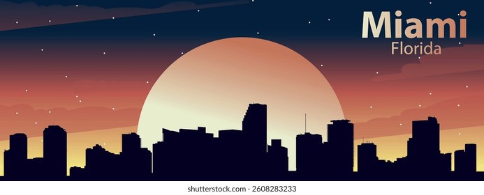 black silhouette of the city of Miami, Florida against the background of the Big Yellow Moon and the night starry sky