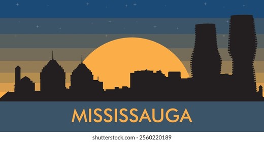 Black silhouette of the city of Mississauga against the background of the night starry sky and a large yellow moon