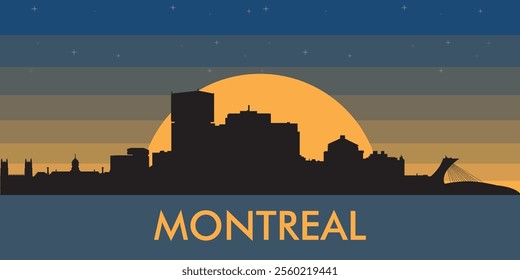 Black silhouette of the city of Montreal against the background of the night starry sky and a large yellow moon