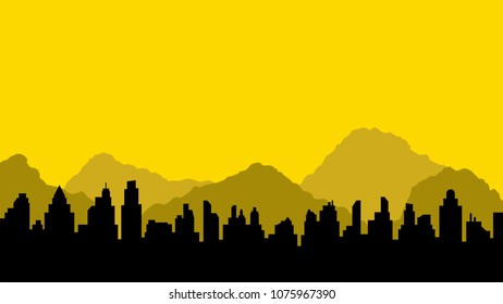 Black silhouette of city and mountains. Vector illustration in flat style design. Buildings silhouettes. Modern urban landscape