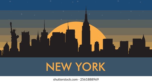 Black silhouette of the city of New York against the background of the night starry sky and a large yellow moon