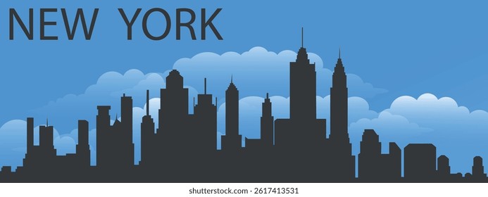 Black silhouette of the city of New York against a blue sky with clouds