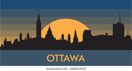 Black silhouette of the city of Ottawaagainst the background of the night starry sky and a large yellow moon