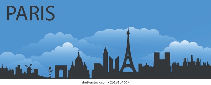 Black silhouette of the city of Paris against a blue sky with clouds