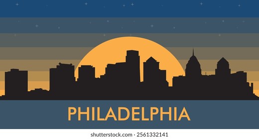 Black silhouette of the city of Philadelphia against the background of the night starry sky and a large yellow moon