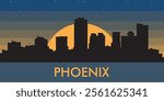 Black silhouette of the city of Phoenix against the background of the night starry sky and a large yellow moon