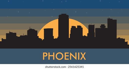 Black silhouette of the city of Phoenix against the background of the night starry sky and a large yellow moon