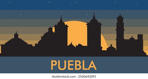 Black silhouette of the city of Puebla against the background of the night starry sky and a large yellow moon