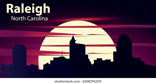 black silhouette of the city of Raleigh, North Carolina against the backdrop of the Big Yellow Moon and the starry sky with red clouds. City panorama in neon style.