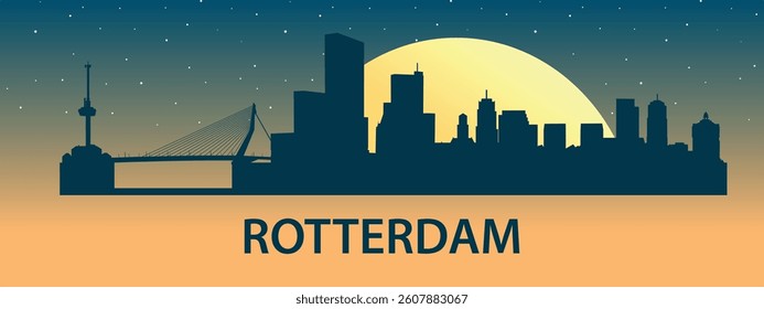 Black silhouette of the city of Rotterdam against the background of the Big Yellow Moon and starry sky