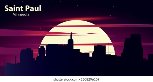  black silhouette of the city of Saint Paul, Minnesota against the backdrop of the Big Yellow Moon and the starry sky with red clouds. City panorama in neon style.