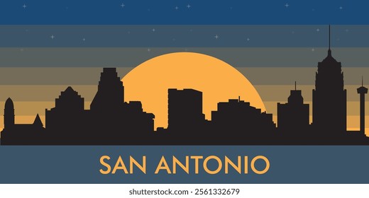 Black silhouette of the city of San Antonio against the background of the night starry sky and a large yellow moon