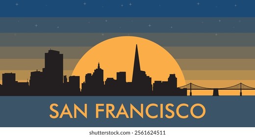 Black silhouette of the city of San Francisco against the background of the night starry sky and a large yellow moon