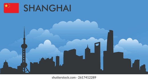 Black silhouette of the city of Shanghai against a blue sky with clouds