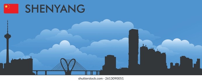 Black silhouette of the city of Shenyang, China on the background of blue sky and big blue clouds. Vector flag of the country and text with the name of the city

