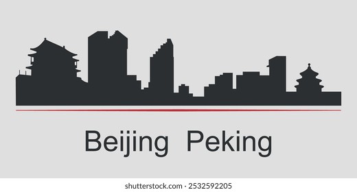 Silueta negra del horizonte de la ciudad en Beijing, enfatizada por una línea roja con texto. Vector sobre un fondo gris