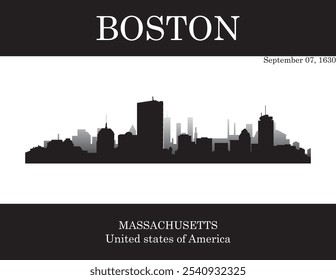 Black silhouette city skyline of city of Boston with black and white background with inscription of the name of the city, date of establishment and US state